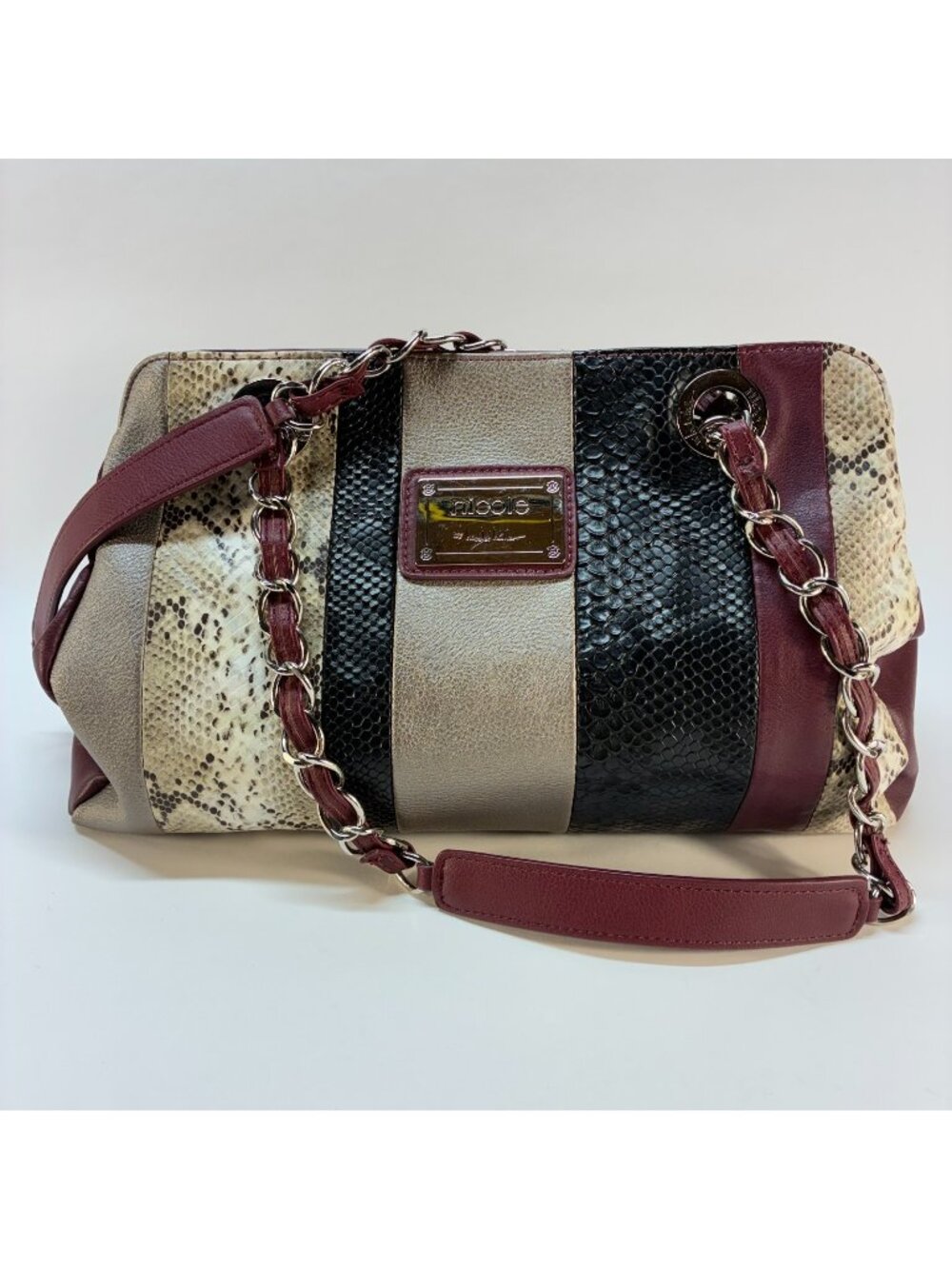 Nicole By Nicole Miller Snakeskin Patchwork Shoulder Bag Burgandy & Black Lining